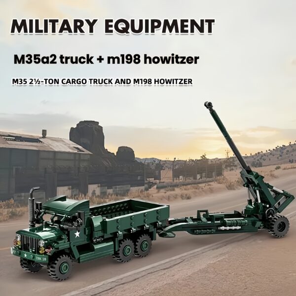 Military Building Block Series M35 Truck + M198 Type Spare Gun Tank Off-road Vehicle Heavy Armored Wooden Toy Gift Assembly