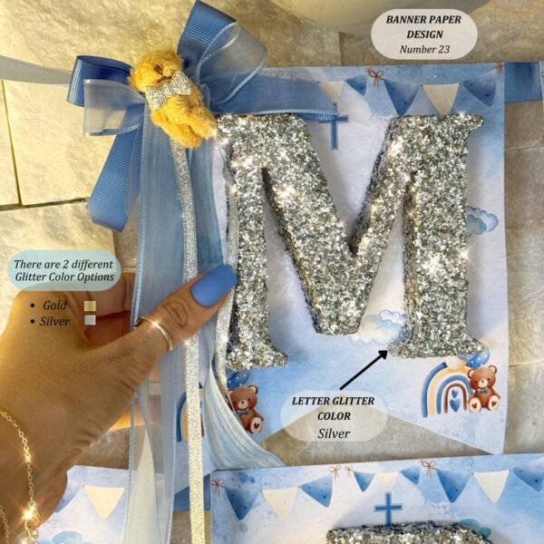 Teddy Bear Baptism Personalized Glitter Name Banner, Nursery Decor, 1st Birthday Party Favor, Name Garland, Baby Shower Decoration, Balloon - Image 3