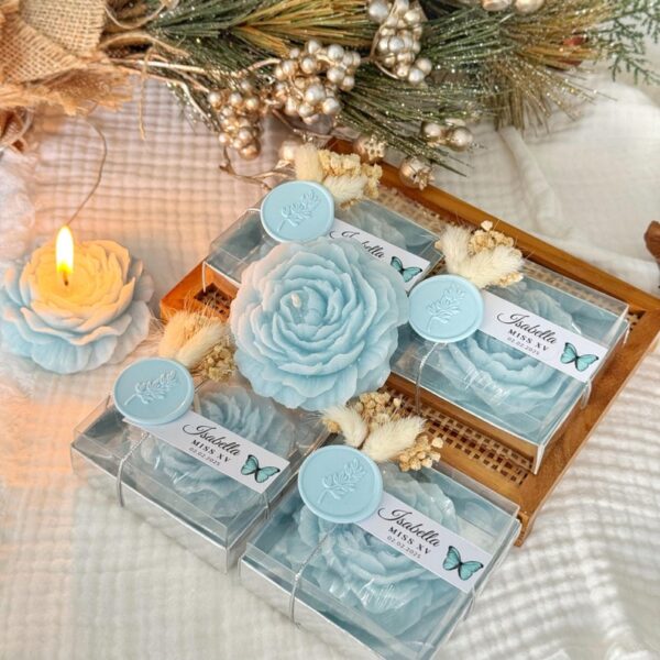 Sweet 16 Blue Candle Favors, Personalized Scented Peony Candle Gift, Quinceañera Party Favor, Mis Quince Anos, Custom Birthday Flower Candle