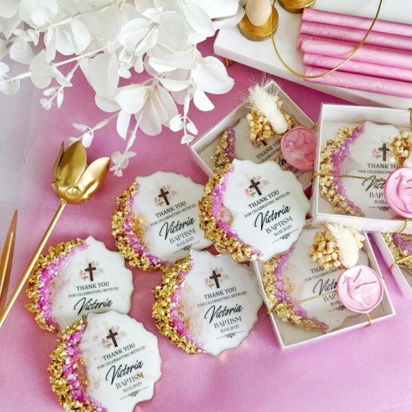 Pink Golden Personalized Baptism Epoxy Magnet Favor, Unique Christening Gift, First Communion Keepsake, Custom Baptism Gift for Girl and Boy