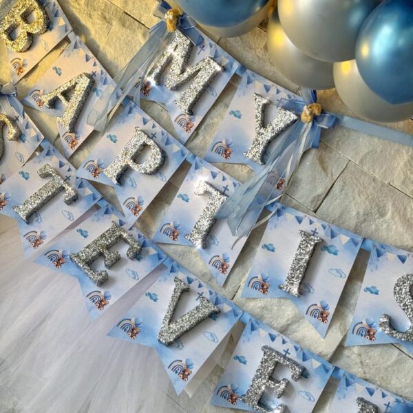 Teddy Bear Baptism Personalized Glitter Name Banner, Nursery Decor, 1st Birthday Party Favor, Name Garland, Baby Shower Decoration, Balloon - Image 2