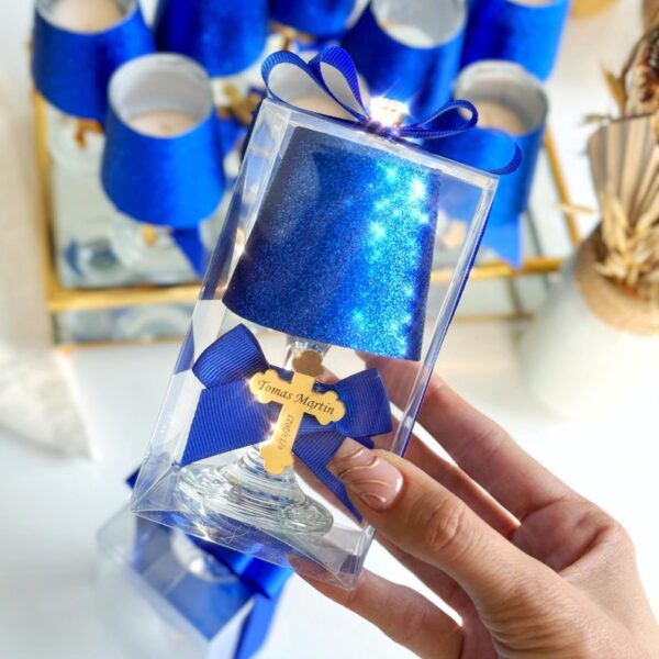 Custom Navy Blue Lampshade Glass Candle Holder with Eva Glitter Foam Baptism Favors, First Holy Communion, Christening Favor for Guest