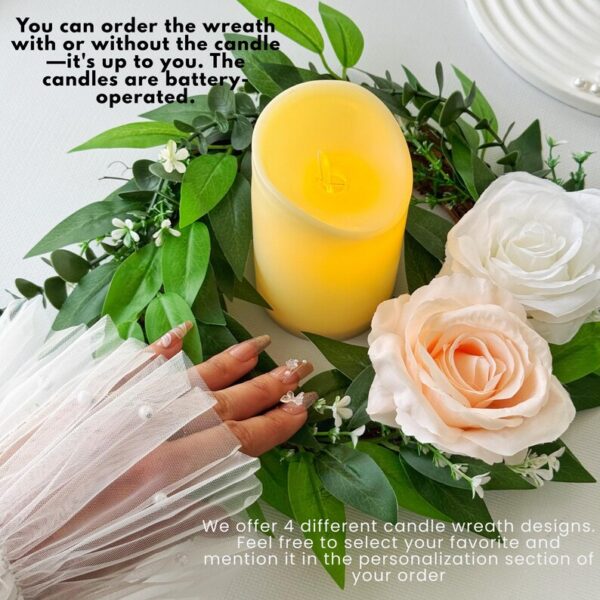 Baptism Candle Favor, Real Feel Eucalyptus Mini Wreath, Candle Ring Centerpiece, Farmhouse Table or Wall Decor, Small Greenery Wreath - Image 5