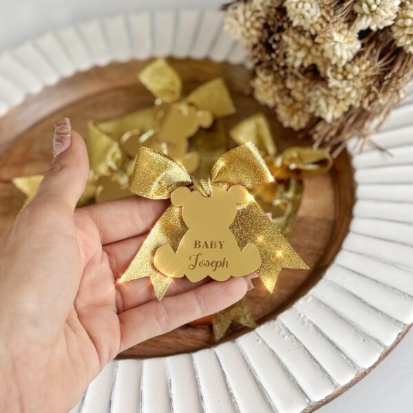 Teddy Bear Name Tag, Personalized Mirror Acrylic Tag, Custom Baby Shower or Baptism Favor, Rose Gold or Silver Name Tag, Wedding Keepsake - Image 4