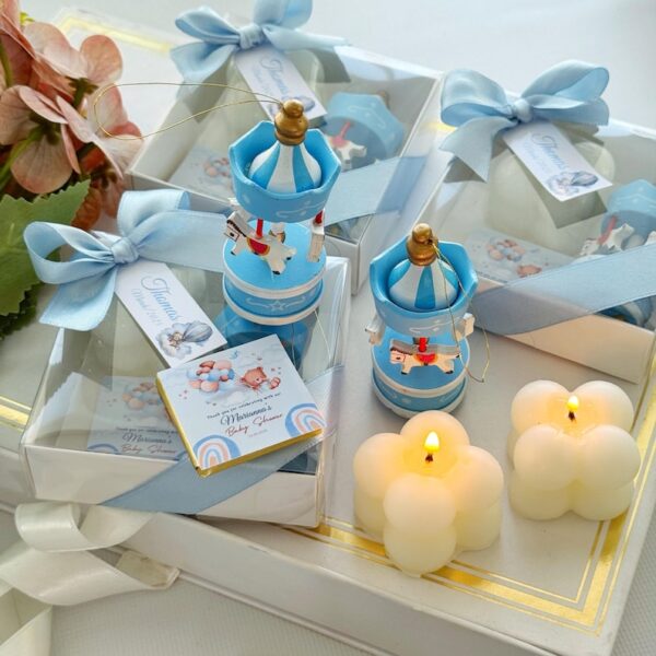 Blue Carousel Baby Shower Favor, Baptism Gift with Chocolate and Bubble Candle, Personalized Christening Party Favor for Boys and Girls