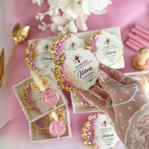 Pink Golden Personalized Baptism Epoxy Magnet Favor, Unique Christening Gift, First Communion Keepsake, Custom Baptism Gift for Girl and Boy - Image 2