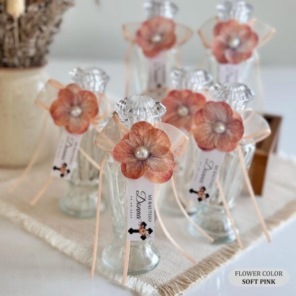 Soft Pink Flower Holy Water Bottle, Empty Blessed Holy Water Glass Bottle, Religious Gift, First Communion Favors, Unique Baptism Gifts