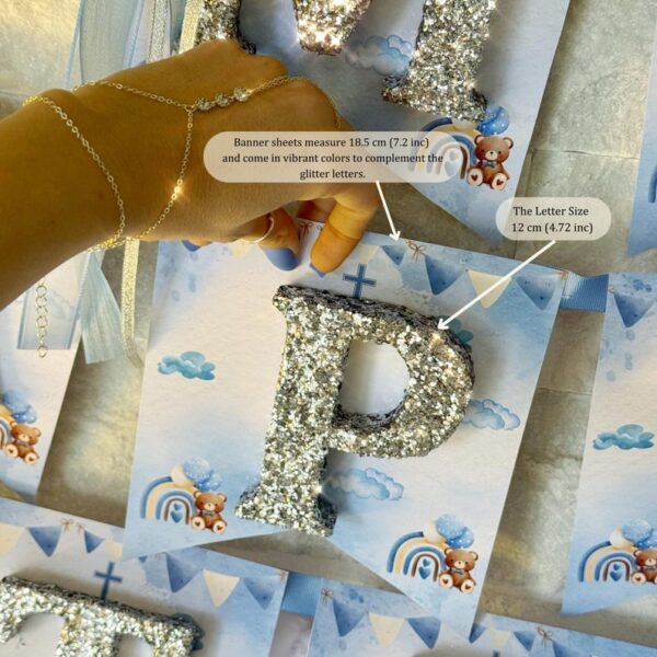 Teddy Bear Baptism Personalized Glitter Name Banner, Nursery Decor, 1st Birthday Party Favor, Name Garland, Baby Shower Decoration, Balloon - Image 7