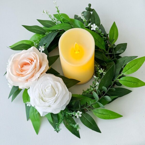 Baptism Candle Favor, Real Feel Eucalyptus Mini Wreath, Candle Ring Centerpiece, Farmhouse Table or Wall Decor, Small Greenery Wreath