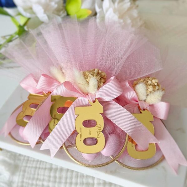 Elegant Gold Birthday Party Favors, Personalized Almond Candy (30th–100th), Luxe Adult Favors, Tulle, Dried Flowers, Acrylic Mirror Tag - Image 7