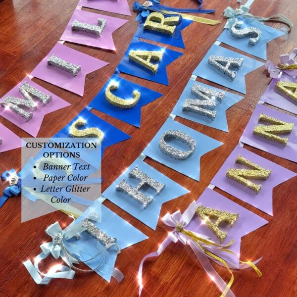 Baby Shower Glitter Name Banner, Nursery Decor, Baby Name Garland, Birthday Flags, Baby Girl 1st Birthday, Party Decoration, Gold Glitter - Image 2