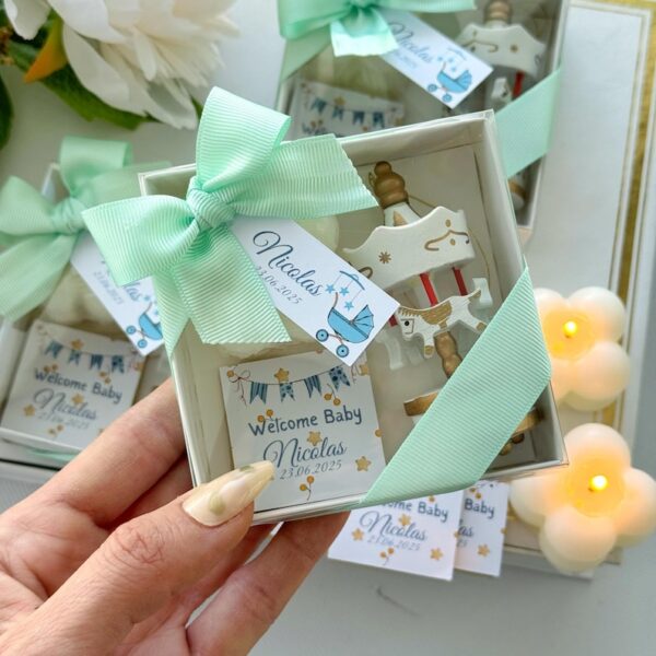 Blue Carousel Baby Shower Favor, Baptism Gift with Chocolate and Bubble Candle, Personalized Christening Party Favor for Boys and Girls - Image 4