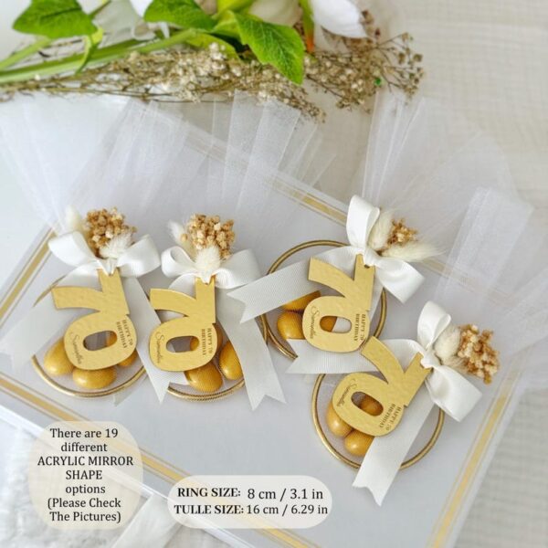 Elegant Gold Birthday Party Favors, Personalized Almond Candy (30th–100th), Luxe Adult Favors, Tulle, Dried Flowers, Acrylic Mirror Tag - Image 4