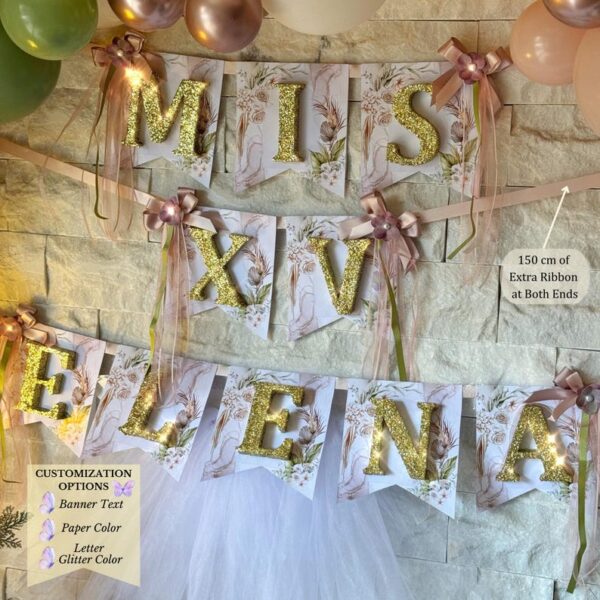Sweet 16 Personalized Glitter Name Banner Party Decoration, Quinceañera Party Favor, Custom Birthday Party Favors, Balloon Garland - Image 2