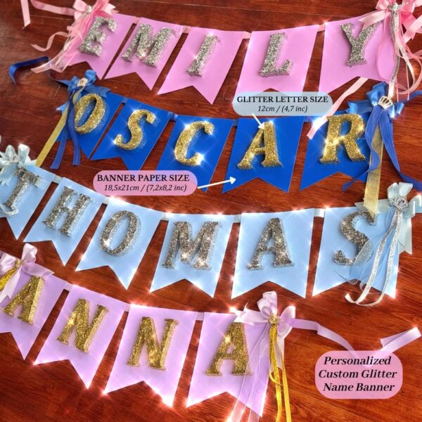 Baby Shower Glitter Name Banner, Nursery Decor, Baby Name Garland, Birthday Flags, Baby Girl 1st Birthday, Party Decoration, Gold Glitter - Image 7