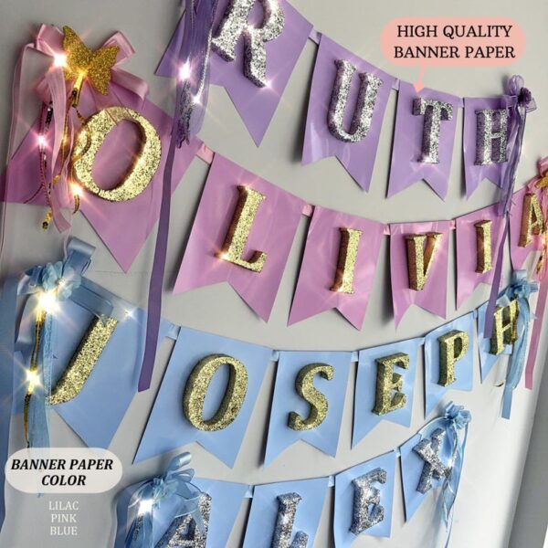 Gold Glitter Name Banner, First Birthday Party Ideas, Baby Shower Party Decoration, Birthday Name Garland For Girls and Boys, Deluxe Balloon - Image 2
