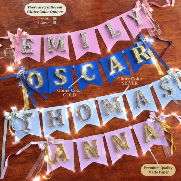 Baby Shower Glitter Name Banner, Nursery Decor, Baby Name Garland, Birthday Flags, Baby Girl 1st Birthday, Party Decoration, Gold Glitter