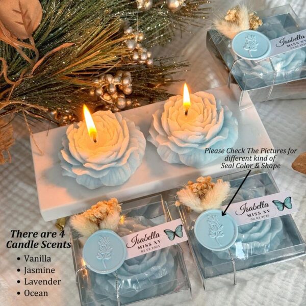 Sweet 16 Blue Candle Favors, Personalized Scented Peony Candle Gift, Quinceañera Party Favor, Mis Quince Anos, Custom Birthday Flower Candle - Image 7