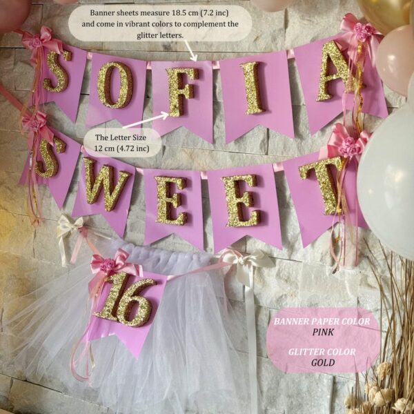 Sweet 16 Personalized Glitter Name Banner Party Decoration, Quinceañera Party Favor, Custom Birthday Party Favors, Balloon Garland - Image 5
