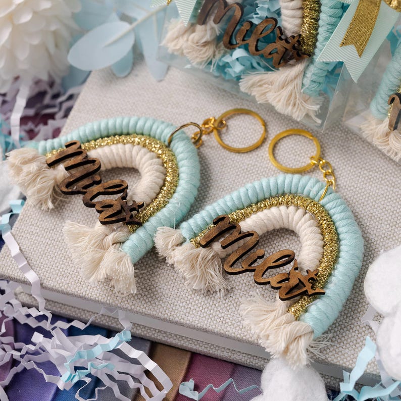Personalized Rainbow Macrame Keychain, Baby Shower Guest Favor, 1st Birthday Party Gift, Custom Name Keepsake, Welcome Baby Gift