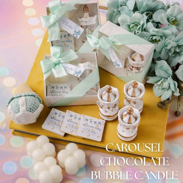 Blue Carousel Baby Shower Favor, Baptism Gift with Chocolate and Bubble Candle, Personalized Christening Party Favor for Boys and Girls - Image 6