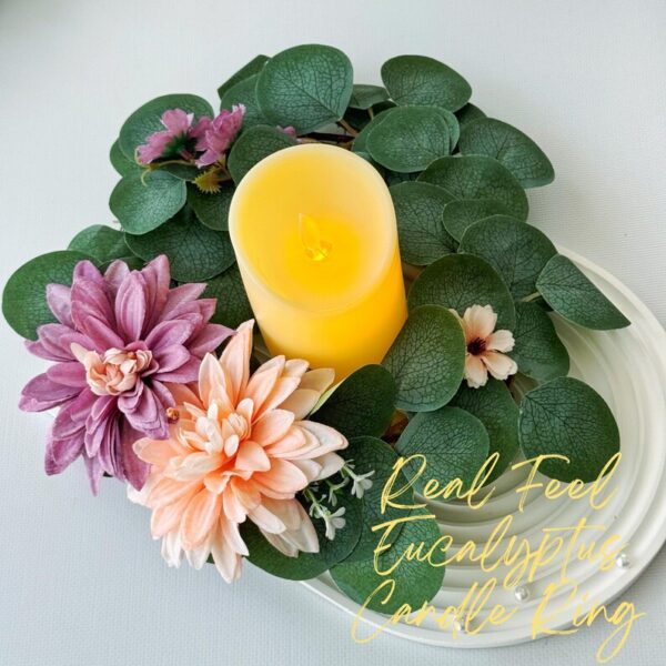 Baptism Candle Favor, Real Feel Eucalyptus Mini Wreath, Candle Ring Centerpiece, Farmhouse Table or Wall Decor, Small Greenery Wreath - Image 4