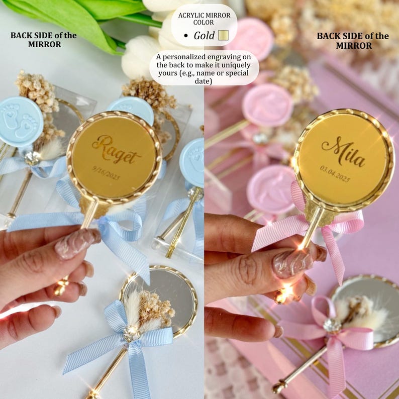 Elegant Gold Hand Mirror Party Favor, Personalized Baby Shower Keepsake, Custom Pocket Mirror Gift, Luxury Welcome Baby Favors, Baptism Gift - Image 2