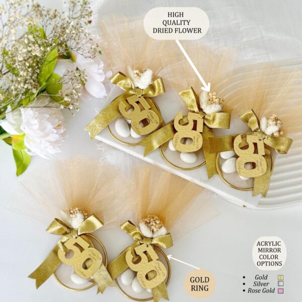 Elegant Gold Birthday Party Favors, Personalized Almond Candy (30th–100th), Luxe Adult Favors, Tulle, Dried Flowers, Acrylic Mirror Tag - Image 2