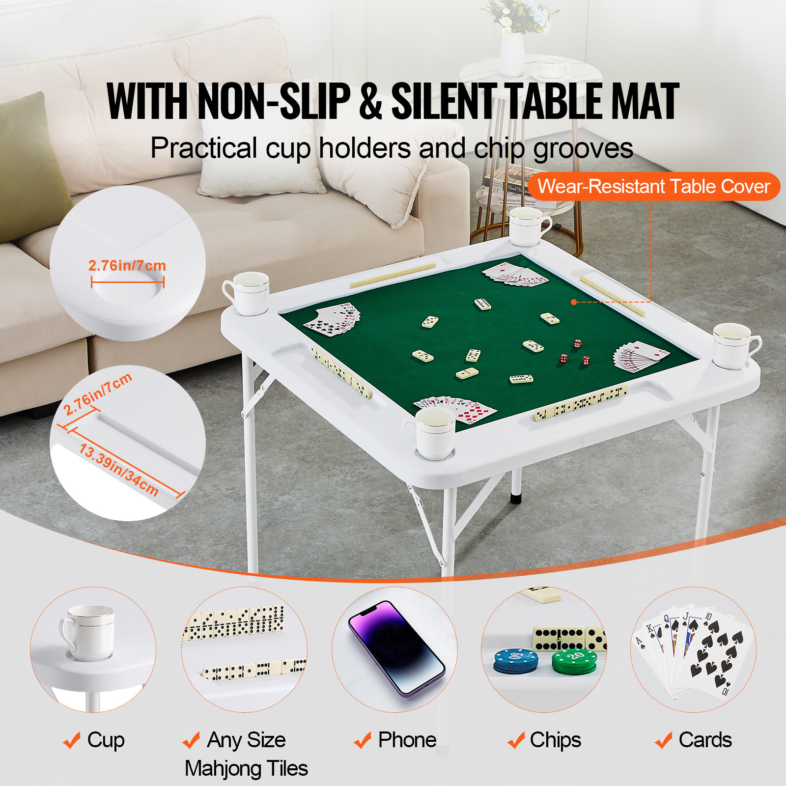 VEVOR Mahjong Table 4 Player Folding Card Table & Table Mat Cup Holder Chip Tray - Image 2