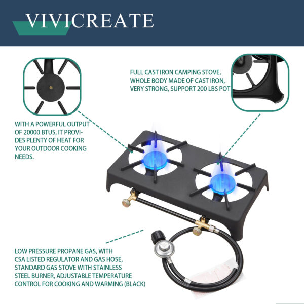 Vivicreate Double Burner Propane Stove – Portable Outdoor Gas Cooker with CSA Certified Regulator & Hose for Camping Gear, BBQ Grill, Tactical Cooking, Home Brewing & Turkey Fry – Survival Kit Essential - Image 13