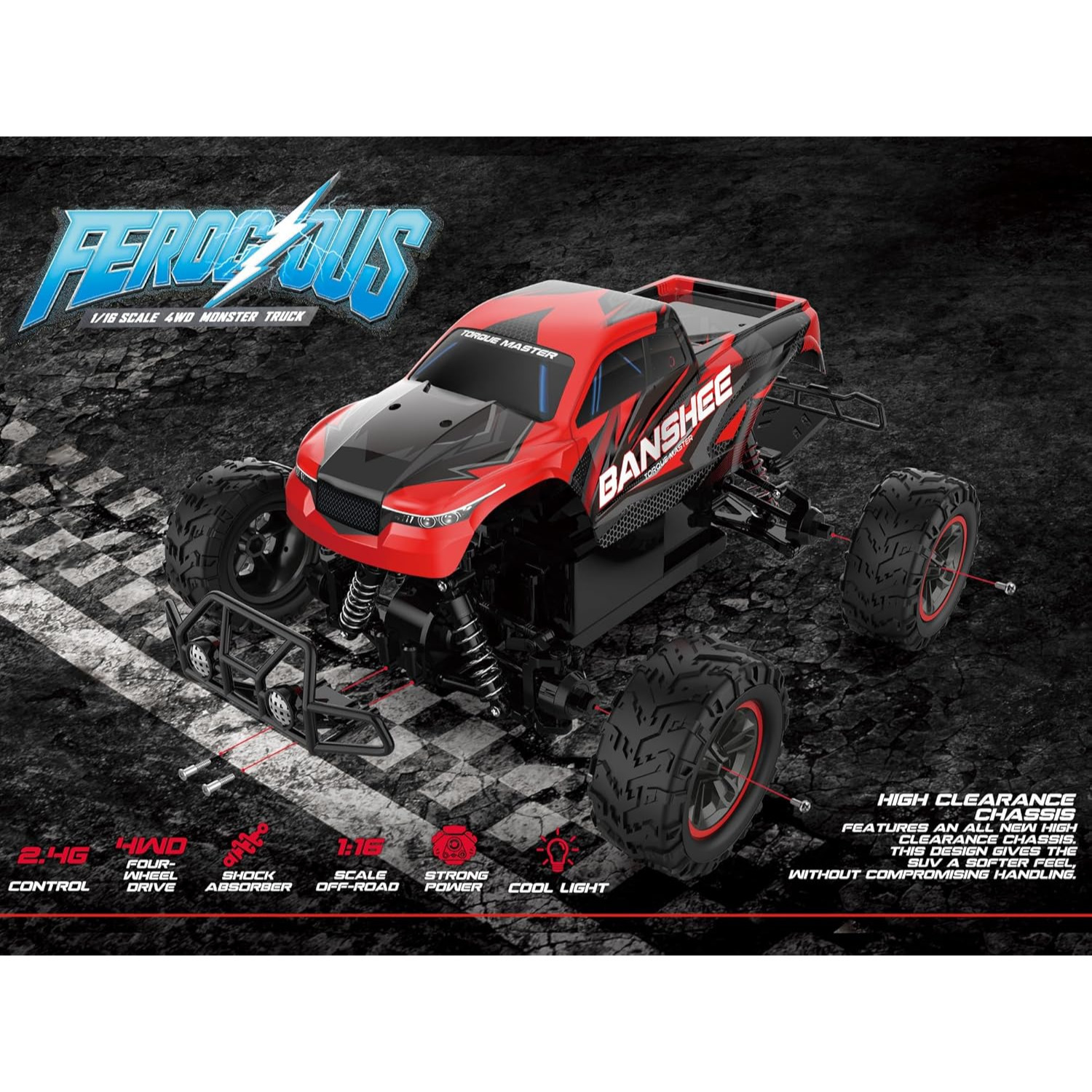 1/16 Ferocious RC Off-Road Truggy with metal spur gear, Radio Remote Control Racing Speed 30kmph 4x4 Sports Car, 12” Large All Terrain LED Vehicle - Image 5