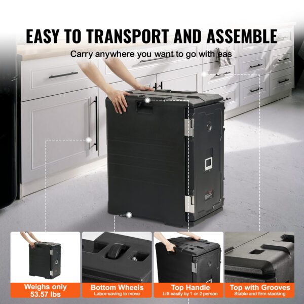 VEVOR Insulated Food Pan Carrier, 109 Qt Hot Box for Catering, LLDPE Food Box Carrier with Double Buckles, Front Loading Food Warmer with Handles, End Loader with Wheels for Restaurant, Canteen, etc. - Image 6