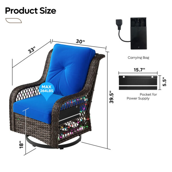 Outdoor Swivel Rocker Chair, High Back Wicker Patio Glider with LED Light, Rattan Swivel Rocking Chair with Tempered Glass Table for Porch, Balcony - Image 5