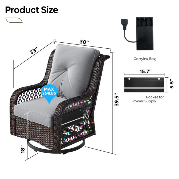 Outdoor Swivel Rocker Chair, High Back Wicker Patio Glider with LED Light, Rattan Swivel Rocking Chair with Tempered Glass Table for Porch, Balcony - Image 11
