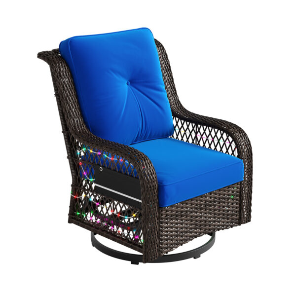 Outdoor Swivel Rocker Chair, High Back Wicker Patio Glider with LED Light, Rattan Swivel Rocking Chair with Tempered Glass Table for Porch, Balcony