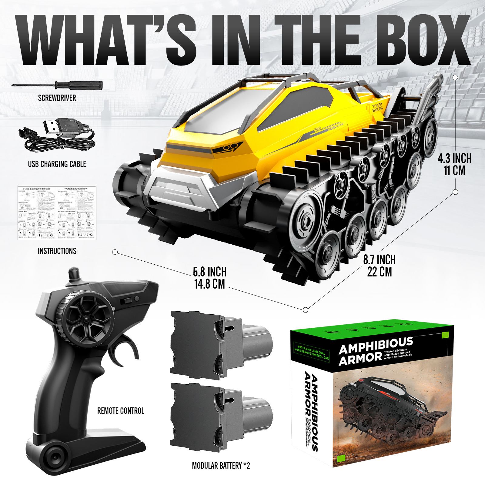 Two Batteries, Amphibious Remote-controlled Tank with Water Proof Design, High Horsepower Off-road Vehicle, Children's Boy Toy, RC High Horsepower Drift Climbing Car, Gift for kids