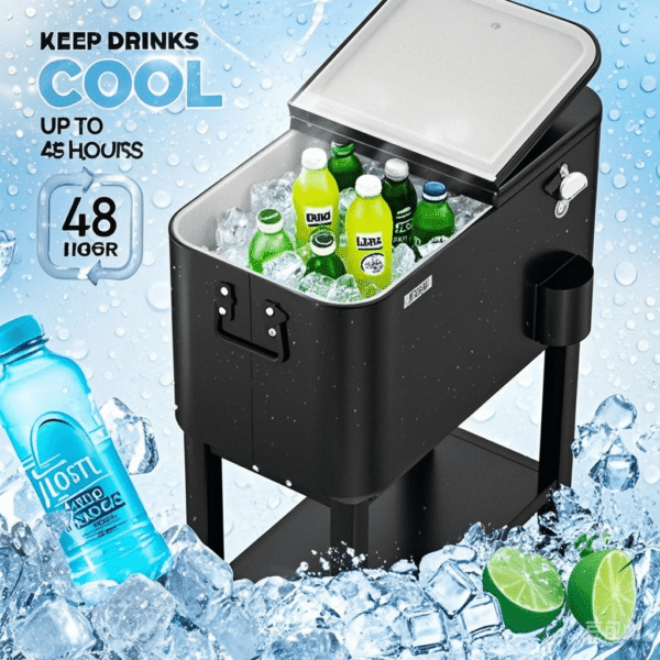 VINGLI Patio Cooler, Rolling Ice Chest on Wheels, Portable Patio Party Bar Drink Cooler Cart, with Shelf, Beverage Pool with Bottle Opener,Water Pipe - Image 4
