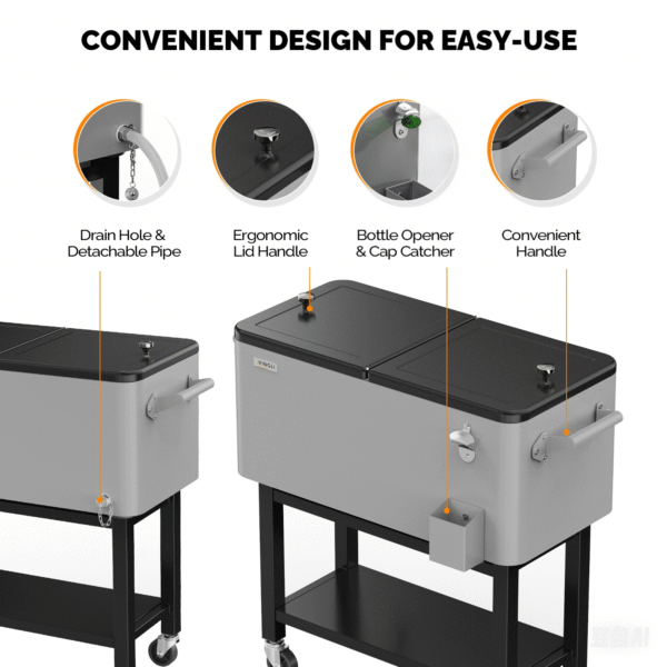 VINGLI Patio Cooler, Rolling Ice Chest on Wheels, Portable Patio Party Bar Drink Cooler Cart, with Shelf, Beverage Pool with Bottle Opener,Water Pipe - Image 16