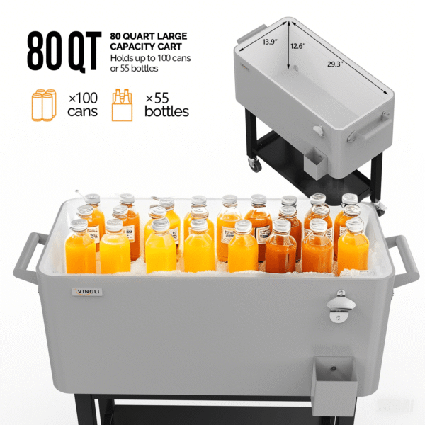 VINGLI Patio Cooler, Rolling Ice Chest on Wheels, Portable Patio Party Bar Drink Cooler Cart, with Shelf, Beverage Pool with Bottle Opener,Water Pipe - Image 15
