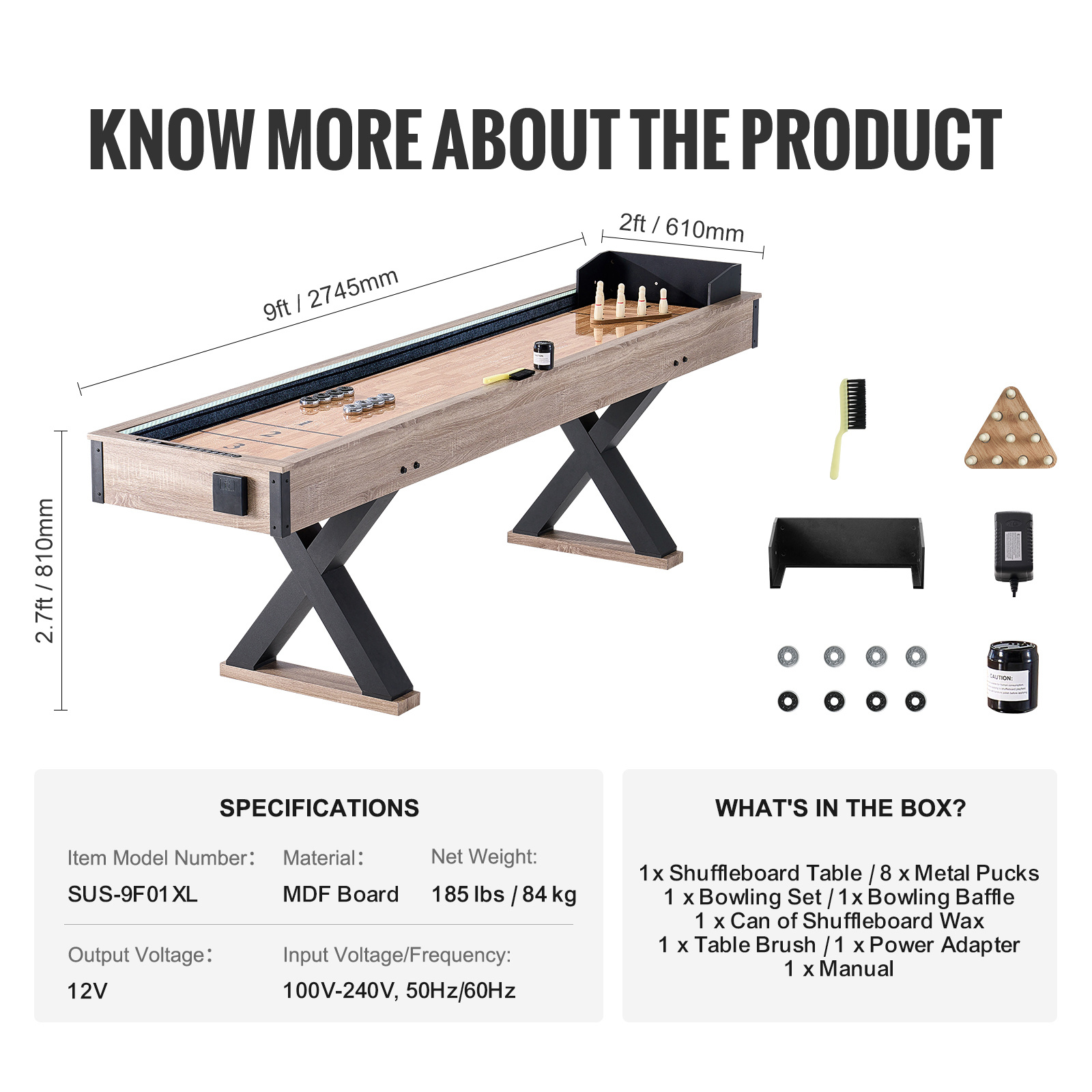 VEVOR 9 ft LED Shuffleboard Table 2 in 1 Shuffleboard and Bowling Combo Game Set - Image 5