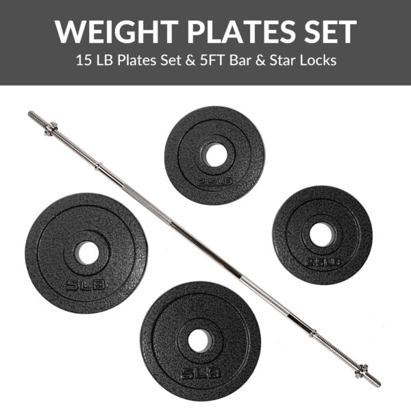 Adjustable 1-Inch Cast Iron Weight Plate Set with 5FT Barbell and Star Locks – Home Gym Fitness Barbell Set for Strength Training, Multiple Weight Options - Image 10