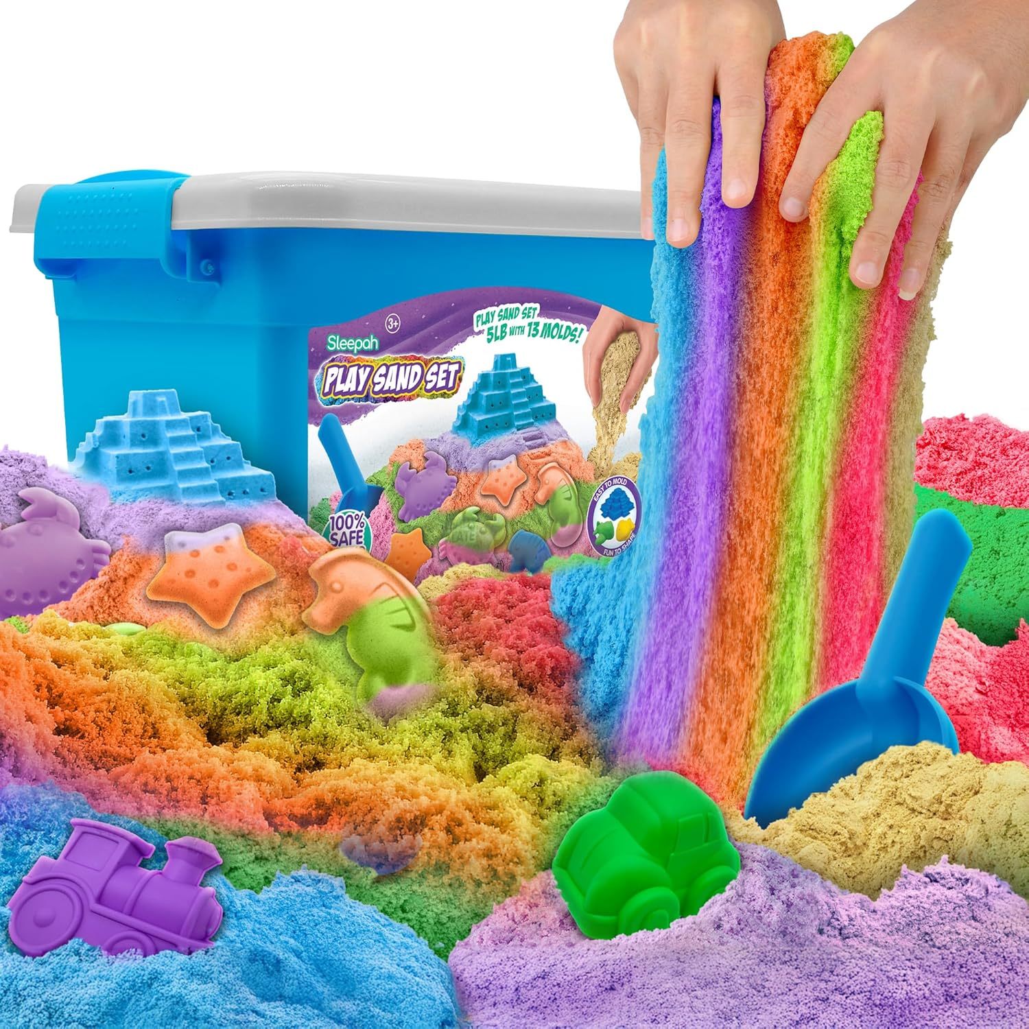 Sleepah Sensory Play Sand Set 5LB - Large Arts & Crafts Gift – No Mess Sensory Bin with Large Molds for Girls & Boys –Sandbox Activity Playsand Birthday Gift Kids 3 4 5 6 7 8 Years Indoor Outdoor Fun