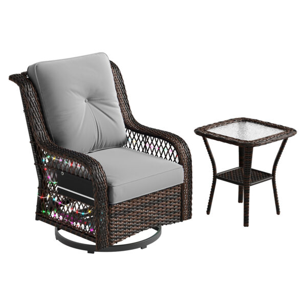 Outdoor Swivel Rocker Chair, High Back Wicker Patio Glider with LED Light, Rattan Swivel Rocking Chair with Tempered Glass Table for Porch, Balcony - Image 8