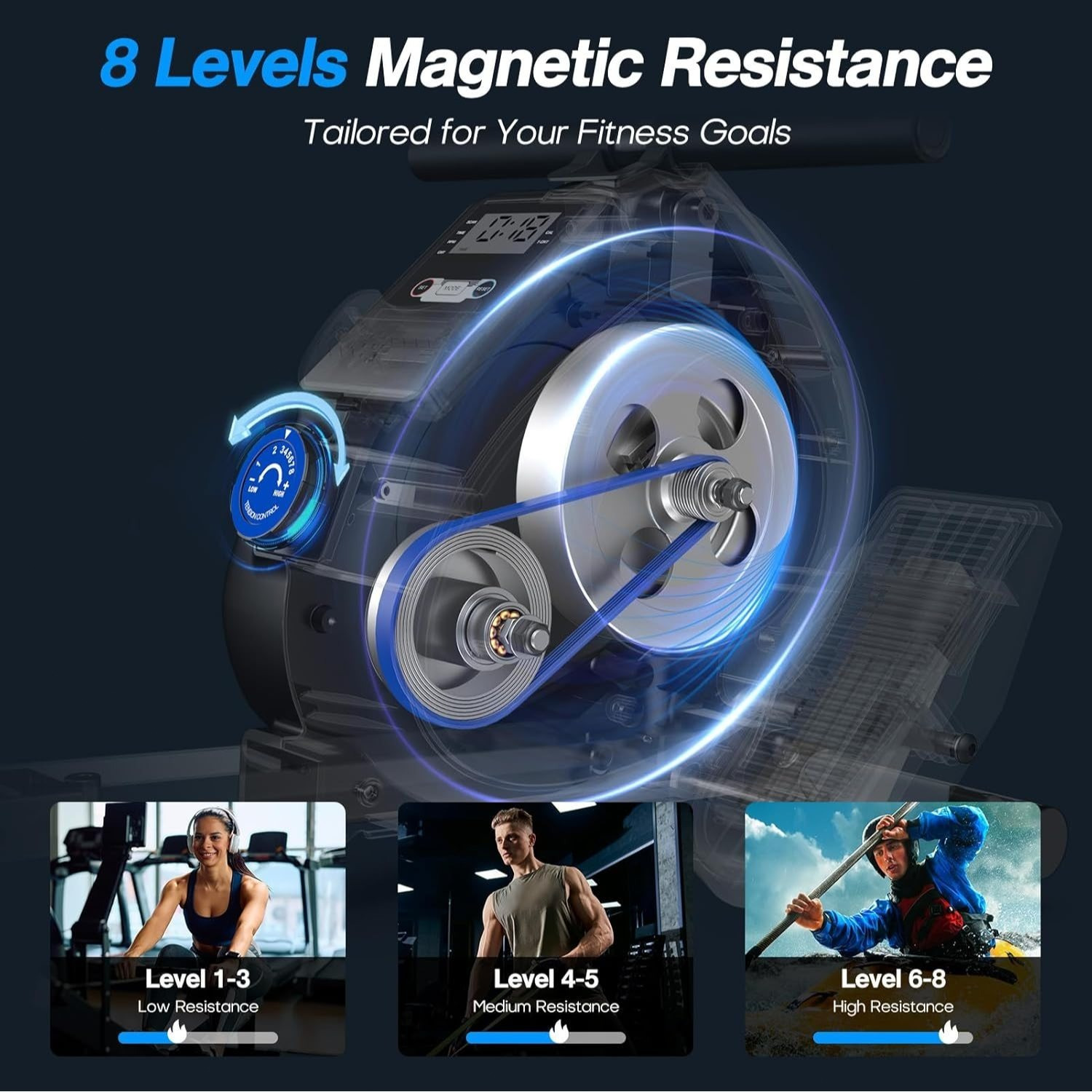 Rowing Machines,Magnetic Rowing Machine for Home Adjustable Resistance 8-Speeds, for Leg and Butt Toning,LED Display,Supports Up to 265 LBS Foldable Design for Easy Storage - Image 4