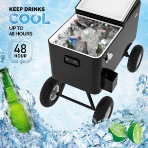 Bonnlo 80 Quart Heavy-Duty Rolling Cooler with 10" Wheels & Long Handle Portable Ice Chest for Beach, Camping, Tailgating Outdoor Party Cart w/Alloy Frame (Black Plastic & Metal Construction)