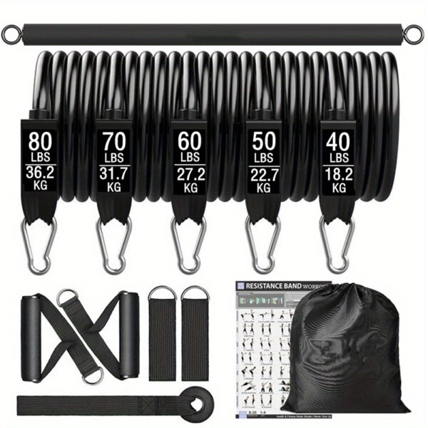 [Heavy Tension Workout Bar] 300lbs Anti-snap Heavy Tension Workout Bar Fitness Resistance Bands Set - Latex Fabric, Black Color, Pilates Yoga Pull Rope Exercise Training Expander Gym Equipment for Home Bodybuilding - Image 3