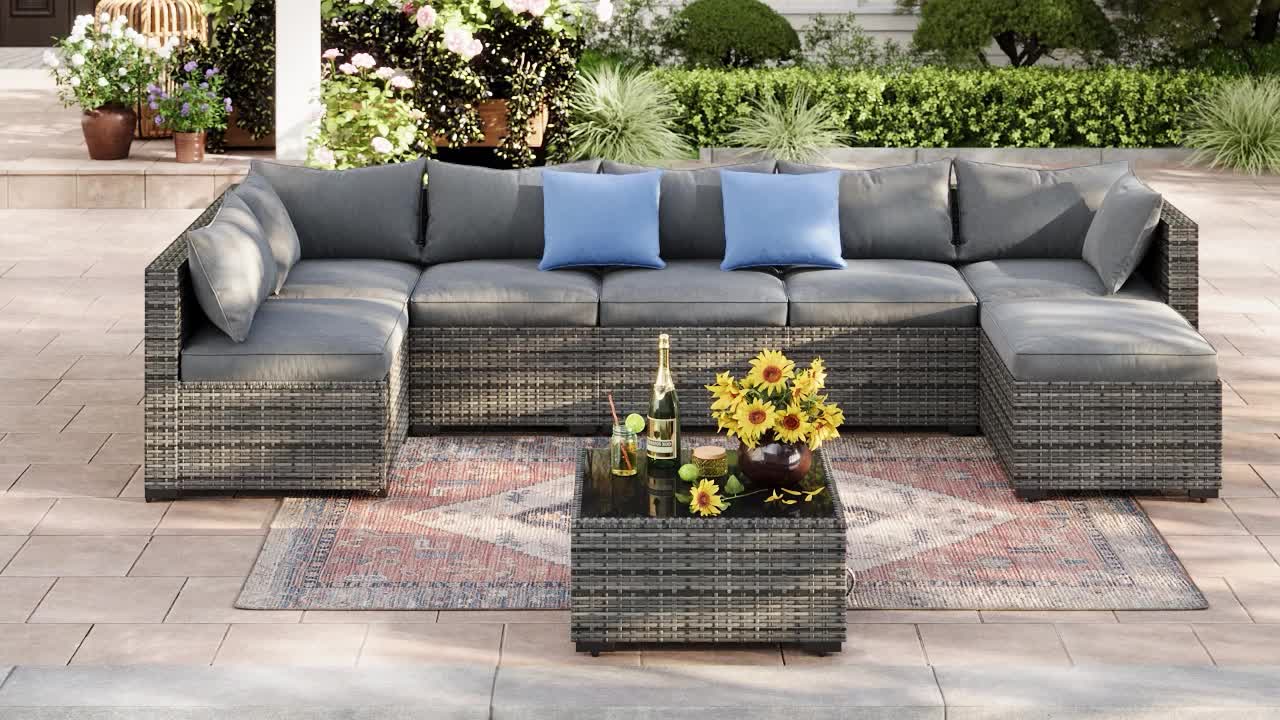 8pcs Modern Outdoor Patio Furniture Set, Rattan Sectional Sofa with Metal Top and Extra Deep Seats, Grey, Patio Seating Set|Modern Outdoor Sofa|Woven Rattan Material - Image 11