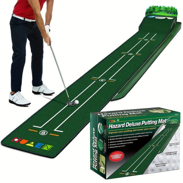 [Deluxe Golf Mat] HUAEN Deluxe Golf Putting Mat | 3 Practice Holes, Green Felt with Ball Return, Durable Wrinkle-Resistant Nylon, Includes Putter Cup & Accessories, Indoor & Outdoor Use