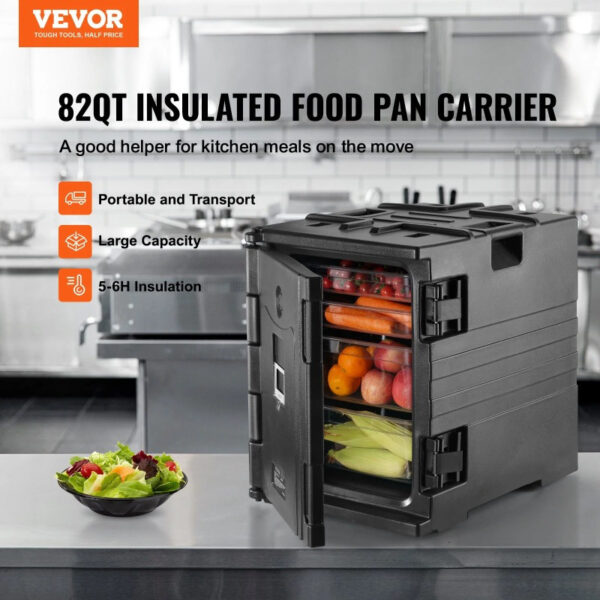 VEVOR Insulated Food Pan Carrier, 82 Qt Hot Box for Catering, LLDPE Food Box Carrier w/ Double Buckles, Front Loading Food Warmer w/ Handles, Stackable End Loader for Restaurant, Canteen, etc. Black - Image 2