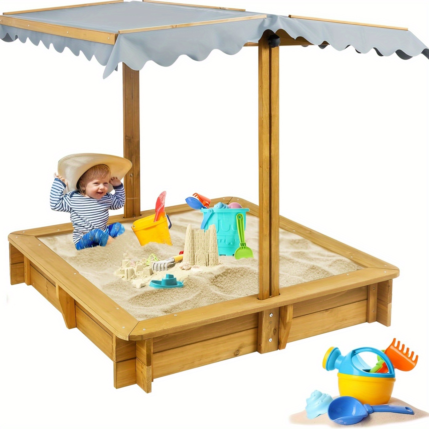 KETIVE Wooden Sandbox With Cover, Outdoor Kids Sand Box With Lid 4 Reinforced Bench Seats & UV-Resistant, Height Adjustable Canopy All-Round Bottom Liner Outdoor For Backyard Beach (45.3'' X 45.3'') - Image 9